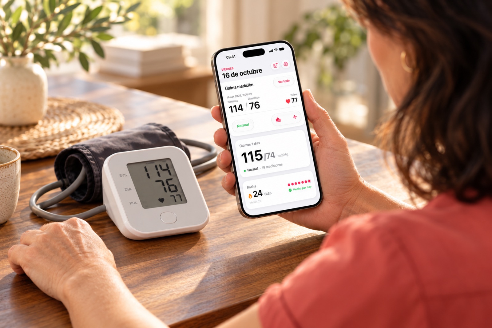 Close-up of a hand holding an iPhone with the Pressure Control home screen beside a blood pressure monitor